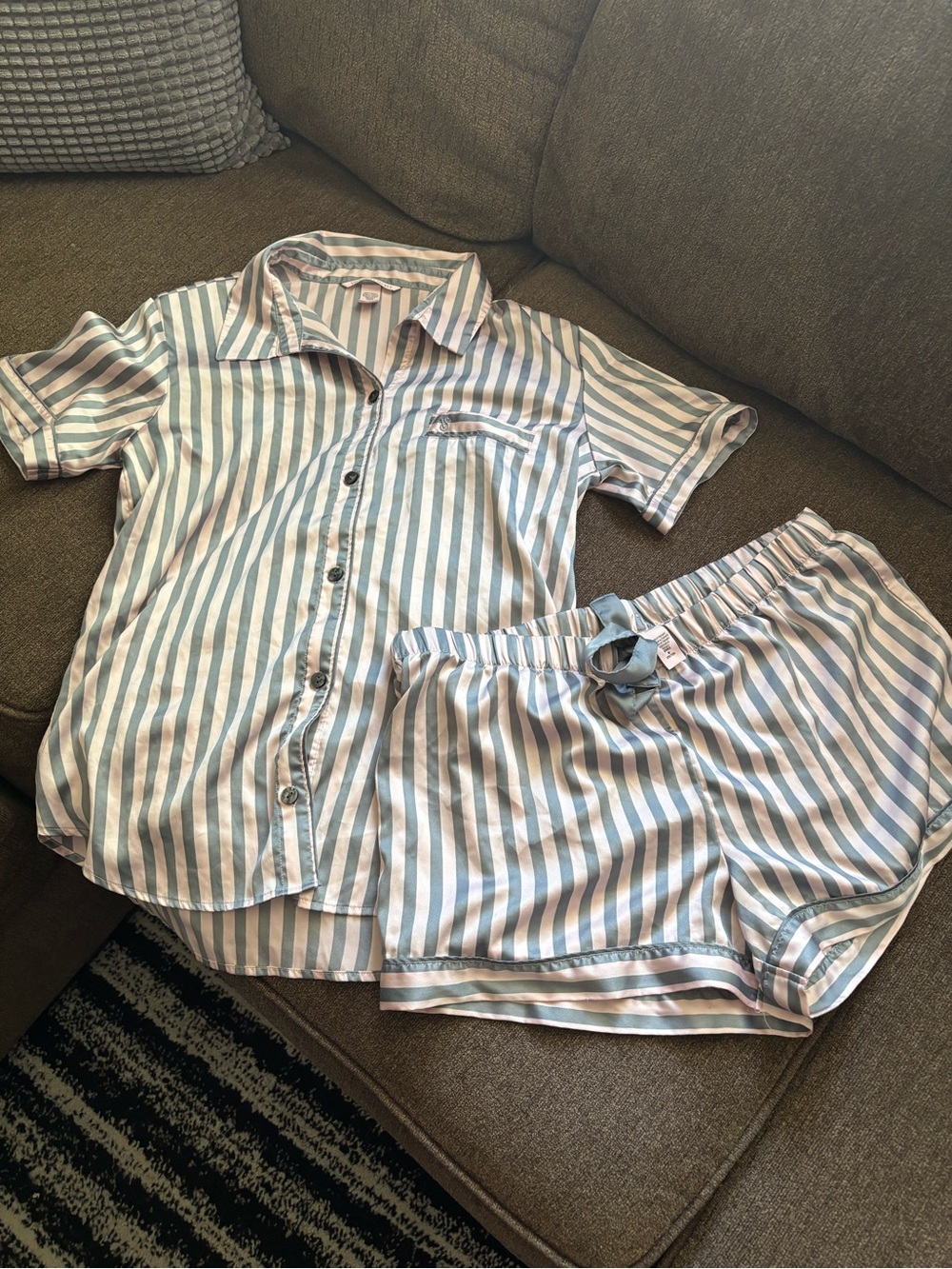 Victoria's Secret Pink and Blue Striped Short Sleeve Pajama Set